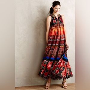 RARE Anthropologie Preeti S Kapoor Enak Tiered Maxi Dress 4P Floral Print Gown